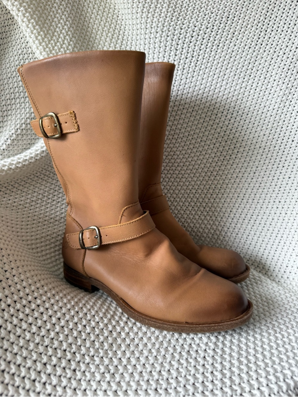 Born Tan Leather Mid-Calf Buckle Lace-Up Boots